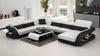 Produktbild von Design Ecksofa Wohnzimmer Möbel Moderne Eckcouch Lederpolster Couch Sofa + Tisch