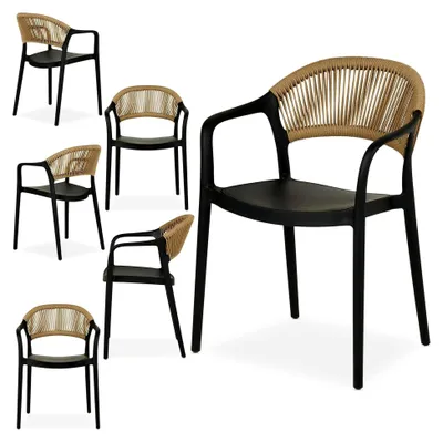 Produktbild von Gartenstuhl Narciso 6er Set stapelbar, schwarz - wetterfeste Outdoor-Stühle mit Rope-Detail an der Rückenlehne, UV-beständig für Balkon und Terrasse
