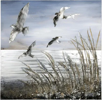Immagine prodotto di Gilde Gemälde "Vogelschwarm" handgemalt sandfarben, grau, blau Breite 100,0 cm Höhe 100,0 cm 38881