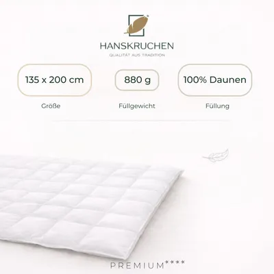 Produktbild von HANSKRUCHEN Daunendecke Winter 135x200 cm extra Warm 100% Daunen waschbar Allergiker Decke atmungsaktiv Winterbettdecke weiß