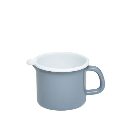 A light gray enamel pitcher with a white rim and interior, shown against a white background.