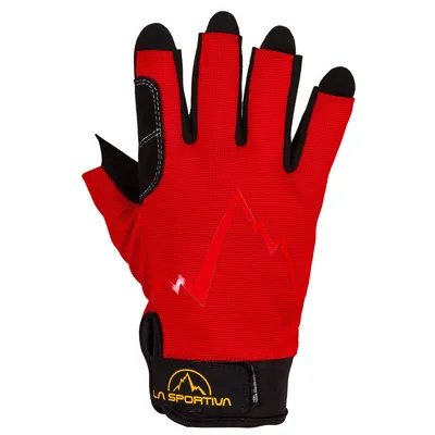 Rote Kletterhandschuhe "Ferrata Gloves" von La Sportiva mit verstärkten Fingern und Klettverschluss.
