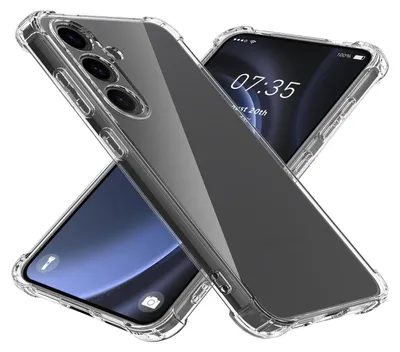 Two transparent phone cases are shown crossed over each other, with phones inside them.