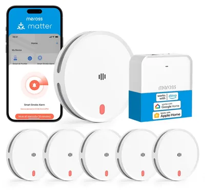 Rauchmelder 6er-Pack mit Hub, Matter, Dual-Sensor, 85 dB, 33 mm