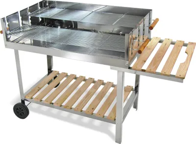 A stainless steel charcoal grill with wooden accents and a lower shelf.