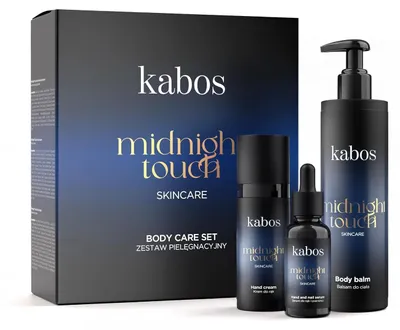 Zdjęcie produktu dla Zestaw do pielęgnacji ciała Kabos Midnight Touch | Serum do rąk i paznokci 30 ml, krem do rąk 50 ml, balsam do ciała 250 ml