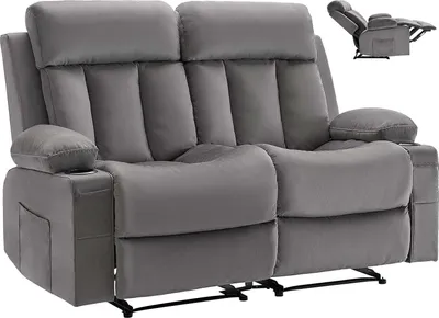 A gray loveseat recliner is shown from the front.