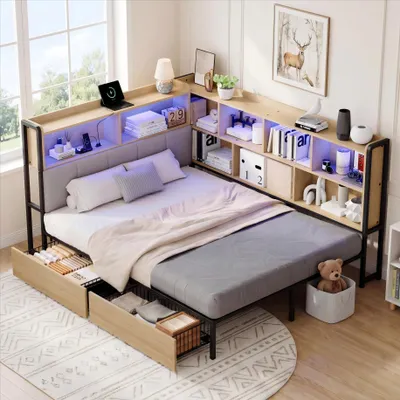 Image de Lit rembourré 140 x 200 cm avec éclairage LED, port USB/Type-C, lit de jour, lit pour adolescent, 2 tiroirs, sommier à lattes en métal, tête de lit avec rangement, couleur naturelle