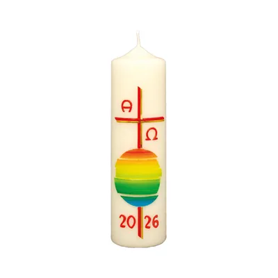 Produktbild von Osterkerze Weltkugel, Kreuz rot/gold, A und O, Jahreszahl 220 x Ø 60 mm