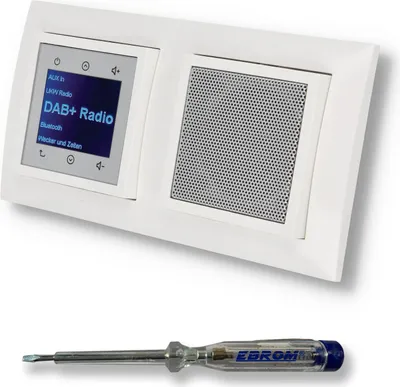 Produktbild von BERKER Unterputz DAB+ und Bluetooth Radio 30848989 mit Lautsprecher polarweiß glänzend mit 2fach Rahmen Berker 10128989 inkl. EBROM Phasenprüfer zur Montage der Geräte