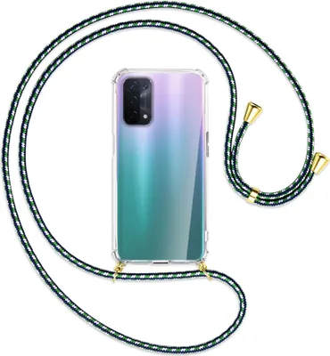 Produktbild von Handykette Backcover-Schutzhülle mit Band (Metall goldfarben) für Oppo A54 5G / A74 5G (CPH2197) - grün/blau/weiß
