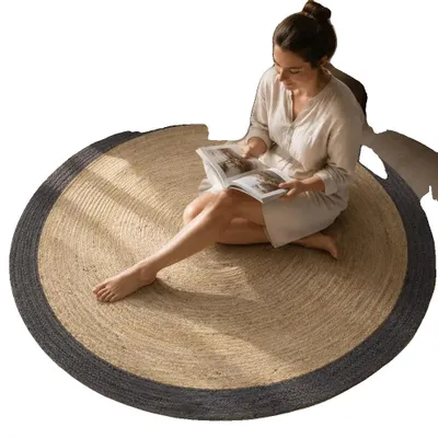 Image de Tapis en jute, tissé à la main, décoration bohème moderne, couleur gris
