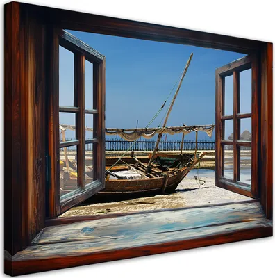 Produktbild von Leinwandbild Blick aus dem Fenster Boot 100x70 Feeby Braun bild für die wand bereit zum aufhängen