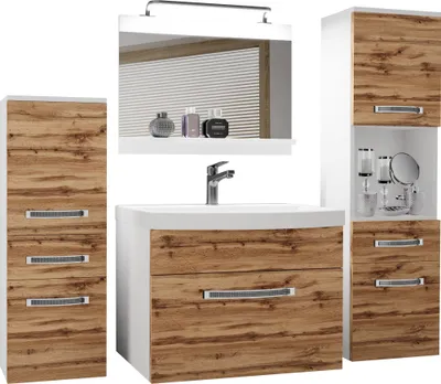 Produktbild von BELINI Badmöbel Vollausstattung Set Waschbeckenschrank, 1x kleiner Schrank, 1xHochschrank, Waschbecken, Spiegel, Lampe (Wotan Eiche, Matt)