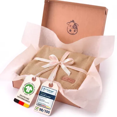 Produktbild von Minky Mooh® Babydecke 94x72 cm aus 100% Baumwolle – Kuscheldecke & Pucktuch für geborene – Taupe