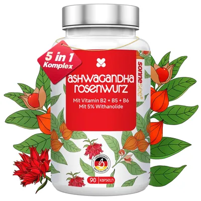Produktbild von Sonnesee Ashwagandha & Rhodiola Rosea Komplex mit Vitamin B2, B5 & B6, 90 Kapseln