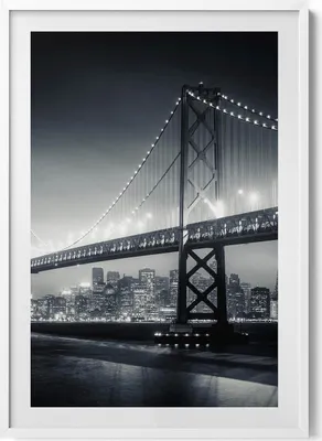 Produktbild von San Francisco Bridge bei Nacht– Wandbild mit Rahmen – Gerahmtes Bild  – Wanddekoration – 70x100 cm –  Weiß Rahmen