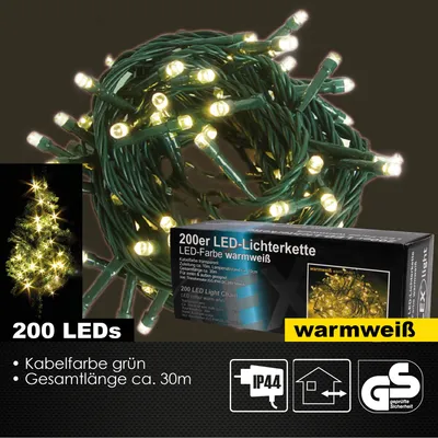 A coiled string of warm white LED lights with a product box and marketing text.