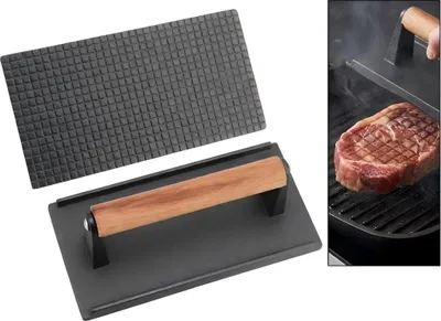 Produktbild von Gusseisen Grillpresse, schwere Steakpresse mit Holzgriff, doppelseitig, 21×11 cm, für Pfanne & Grill, fettreduzierend & gesundes Kochen