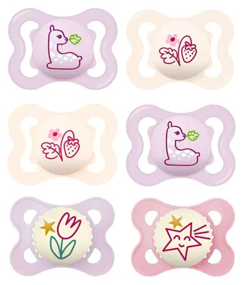 Produktbild von MAM Day & Night Silikon Schnuller 0-6 Mädchen // 6er Set // inkl. 3 Sterilisiertrasportboxen