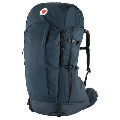 A dark blue trekking backpack is shown against a white background.
