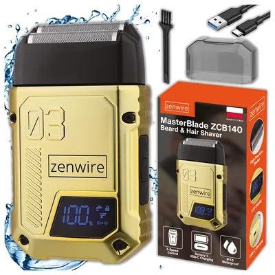 Obrázok produktu pre Zenwire ZCB140 – bezdrôtový holiaci strojček s fóliou pre mužov, 3 úrovne, holenie za mokra aj za sucha, USB-C, LED displej, zlatý dizajn