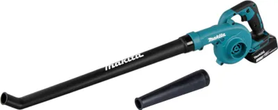 A teal and black Makita cordless leaf blower with a black nozzle attachment is shown against a white background.