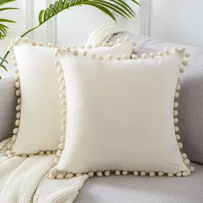 Produktbild von Boho Kissenbezug 45x45 cm 2er Set Samt Kissenhš¹lle Kissenbezug fš¹r Dekokissen Sofakissen mit Pompons Wohnzimmer Schlafzimmer Sofa Dekokissenbezug Creme