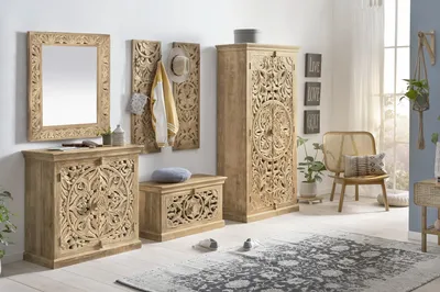 Produktbild von SIT Möbel 6-tlg. Dielen-Set | Mango-Holz natur | 1 Kommode, 1 Schuhschrank, 2 Garderobenpaneele, 1 Spiegel, 1 Kleiderschrank | B 90 x T 45 x H 185 cm | 18001-24 | Serie LAKADEE