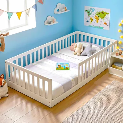 Productafbeelding van Kinderbed met vloerbedfunctie - Montessori-bed - 95 x 200 cm - Veiligheidshekje - Lattenbodem - Berkenhout - Geschikt tot 100 kg - Wit