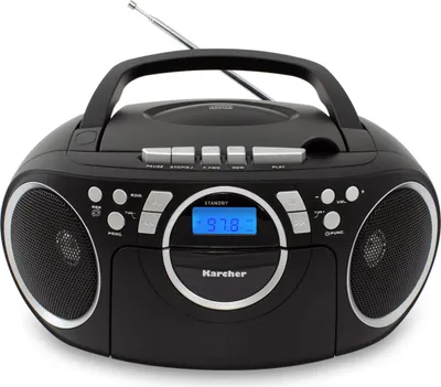 A black Karcher RR 5042 portable radio with CD player and cassette player is shown against a white background.