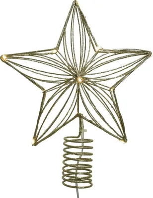 Imagen del producto de Adorno para la punta del árbol de Navidad con luces LED, forma de estrella, con temporizador, de metal, color dorado y con brillo, dimensiones 25 x 24 cm, con 12 LEDs