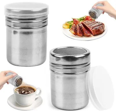 Productafbeelding van Twee stalen schudbekers, een cappuccino-beker, een suikerbeker, een suikerzeef, geschikt voor koffie, cacao, chocolade, suiker en zout