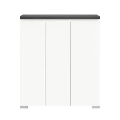A white shoe cabinet with a gray top and three doors, shown against a white background.