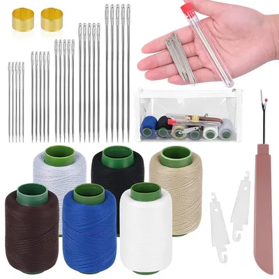 Produktbild von Nähnadeln Set Edelstahl mit Großem Öhr, Garn, Fingerhüten und Zubehör, 25 Nadeln, 6 Garnfarben, Reise-Nähset für Erwachsene