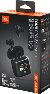 The image shows the retail packaging of JBL Tour Pro 2 wireless earbuds.