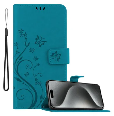 A teal flip case for a smartphone, decorated with a floral and butterfly pattern, is shown open with a smartphone inside. A black wrist strap is attached to the side of the case.