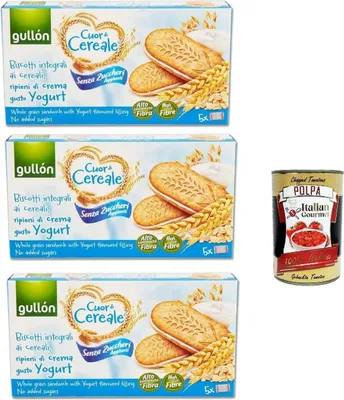 Produktbild von Gullón Cuor Di Cereali Sandwich Con Crema yogurt Senza Zuccheri Aggiunti, kekse, Vollkorn-Getreidekekse, gefüllt mit Joghurtcreme ohne Zuckerzusatz, 3x 220g + Italian Gourmet polpa 400g