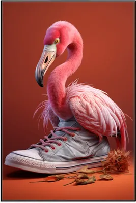 Produktbild von Wallario Wandbild Flamingo im Sneaker, Größe: 61 x 91,50 cm, Poster mit schwarzem Aluminiumrahmen