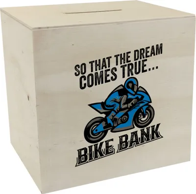 Produktbild von Bike Bank Spardose aus Holz mit Spruch und Motorrad in blau