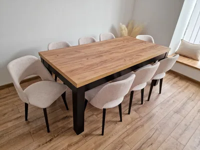 Produktbild von Essgruppe: 8x Stühle Isabella + Esstisch Leonardo 100x200-300 cm – Buchenholz, Schwarz & Eiche