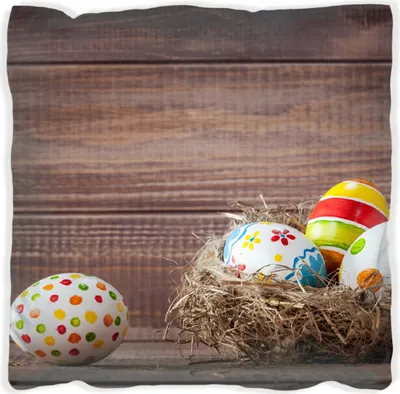 Produktbild von Wallario Premium Kissen, weiche Oberfläche, mit Motiv Bunte bemalte Eier an Ostern im Vorgelnest vor hölzerner Wand, Größe: 30 x 30 cm, mit weißer Rückseite