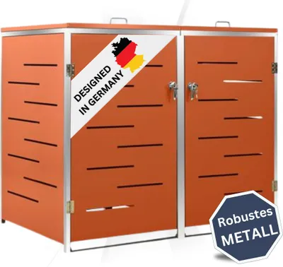 Produktbild von DELUKE® 2er Mülltonnenbox JAGU Edelstahl | Orange | 115,5x138x77,5cm | Mülltonnenverkleidung für 2 Tonnen 240L Müllbox aus Metall Mülltonnenschutz Mülltonnendach