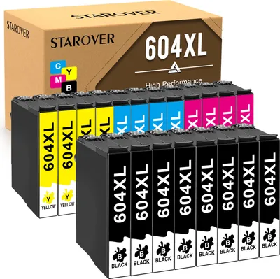 A box of printer ink cartridges is shown, with a row of cartridges in front of it.