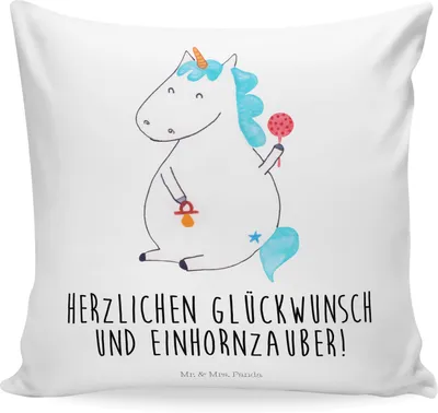 Produktbild von Mr. & Mrs. Panda Dekokissen Einhorn Baby - Weiß - Geschenk, Eltern, kissen bedruckt, 40x40, Einhörner, Sofakissen, Geburtstag, Deko, Unicorn, für sofa, Schnuller