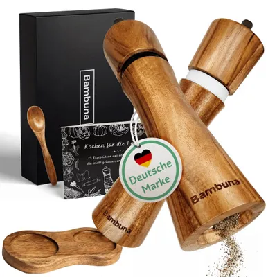 Produktbild von Salz und Pfeffermühlen aus Akazienholz - Gewürzmühle Groß 5-Teilig | Geschenkset inkl. Rezeptbuch