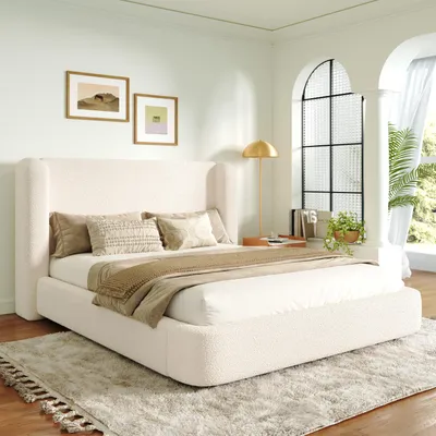 Produktbild von Flieks Polsterbett 180x200cm mit Kopfteil, Doppelbett Stauraumbett mit Lattenrost, Jugendbett Holzbett mit abnehmbar Bouclé-Bezug des Kopfteils, Beige
