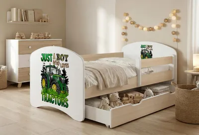 Produktbild von Happy Babies Kinderbett mit Rausfallschutz Junge 140x70 Bett für Kinderzimmer mit Schublade Matratze Einzelbett für Kinder, Heller Birnbaum, Traktor