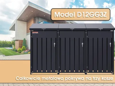 Zdjęcie produktu dla Wiata na pojemniki D12GG3Z, na 3 pojemniki z dwoma zamkami chroniącymi przed wiatrem i kradzieżą, antracyt