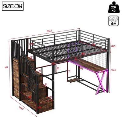 Produktbild von Hochbett - Multifunktionales Etagenbett - 90 x 200 cm - LED-Beleuchtung - Schreibtisch - Kleiderschrank - Stauraum - Schwarz